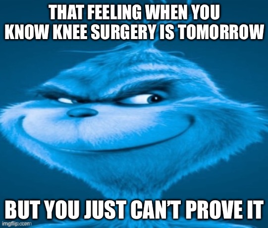 knee surgery | THAT FEELING WHEN YOU KNOW KNEE SURGERY IS TOMORROW; BUT YOU JUST CAN’T PROVE IT | image tagged in knee surgery | made w/ Imgflip meme maker