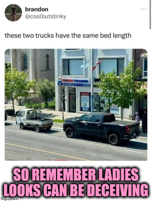 SO REMEMBER LADIES
LOOKS CAN BE DECEIVING | image tagged in truck,me,double entedre | made w/ Imgflip meme maker