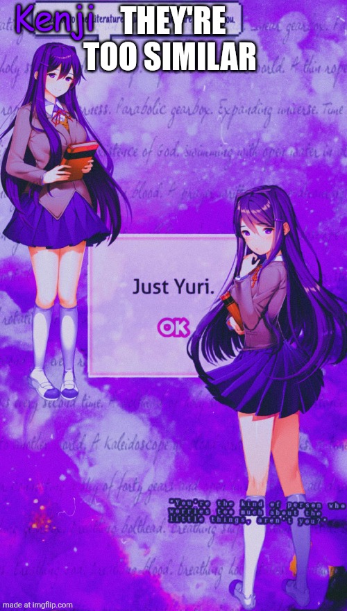 yuri temp 2 | THEY'RE TOO SIMILAR | image tagged in yuri temp 2 | made w/ Imgflip meme maker