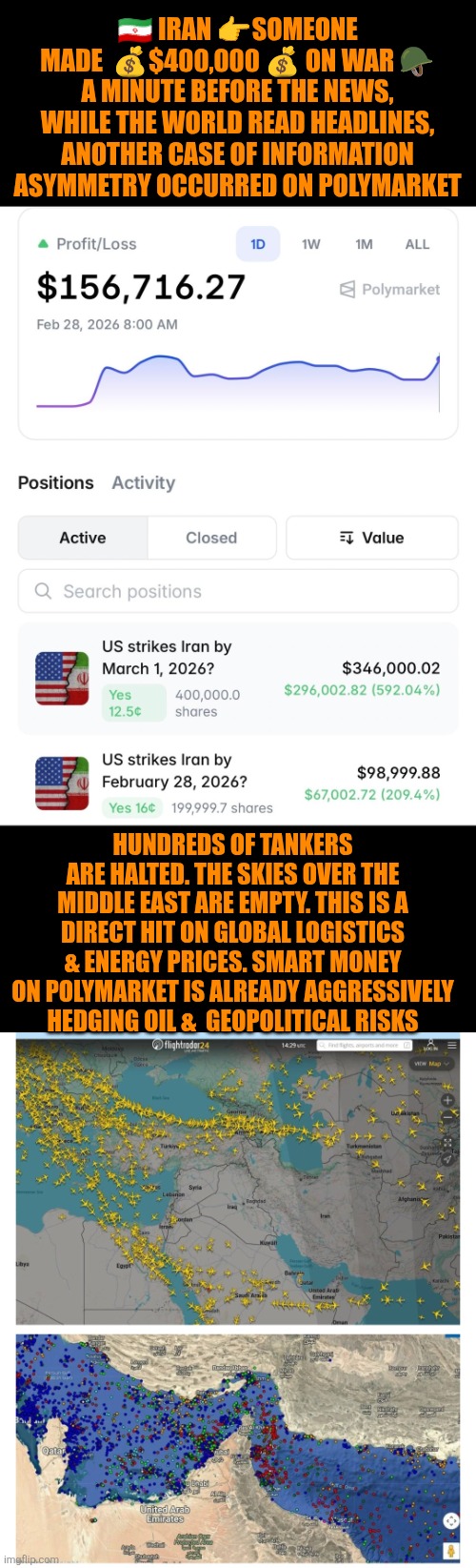 SOMEONE in Polymarket made $400,000 on IRAN WAR a minute B4 the news | 🇮🇷 IRAN 👉SOMEONE MADE  💰$400,000 💰 ON WAR 🪖 A MINUTE BEFORE THE NEWS, WHILE THE WORLD READ HEADLINES, ANOTHER CASE OF INFORMATION ASYMMETRY OCCURRED ON POLYMARKET; HUNDREDS OF TANKERS ARE HALTED. THE SKIES OVER THE MIDDLE EAST ARE EMPTY. THIS IS A DIRECT HIT ON GLOBAL LOGISTICS & ENERGY PRICES. SMART MONEY ON POLYMARKET IS ALREADY AGGRESSIVELY HEDGING OIL &  GEOPOLITICAL RISKS | image tagged in iran,polymarket,war,usa,israel,logistics | made w/ Imgflip meme maker