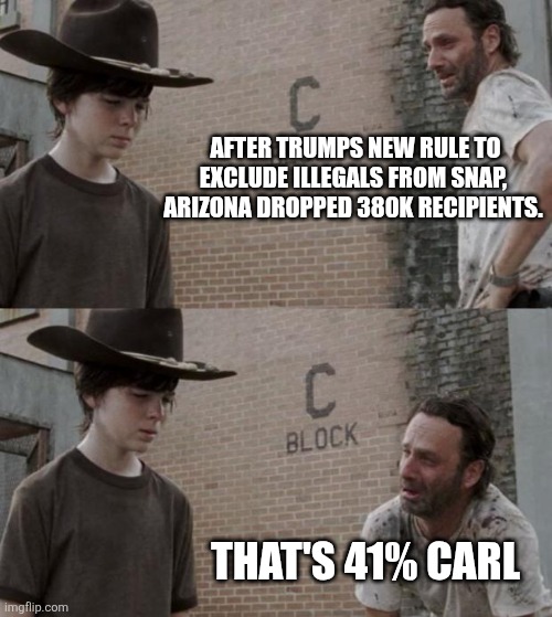 Rick and Carl Meme | AFTER TRUMPS NEW RULE TO EXCLUDE ILLEGALS FROM SNAP, 
ARIZONA DROPPED 380K RECIPIENTS. THAT'S 41% CARL | image tagged in memes,rick and carl | made w/ Imgflip meme maker