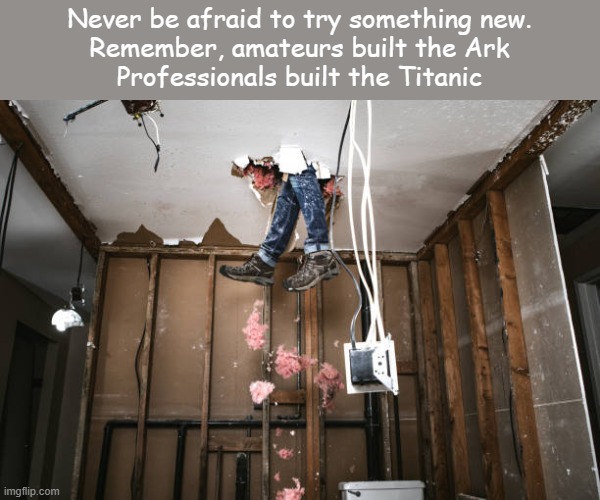 fun | Never be afraid to try something new.
Remember, amateurs built the Ark
Professionals built the Titanic | image tagged in motivational | made w/ Imgflip meme maker