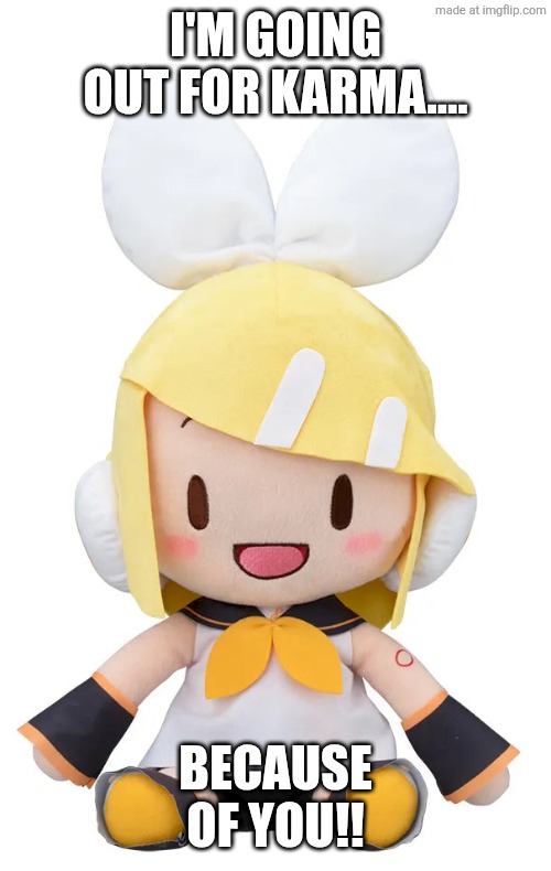 Rin Fuwapuchi Plush | I'M GOING OUT FOR KARMA.... BECAUSE OF YOU!! | image tagged in rin fuwapuchi plush | made w/ Imgflip meme maker