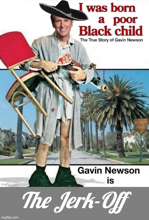 Gavin Newsom is the Jerk Off | The Jerk-Off | image tagged in blank grey,hair,grease,gavin | made w/ Imgflip meme maker
