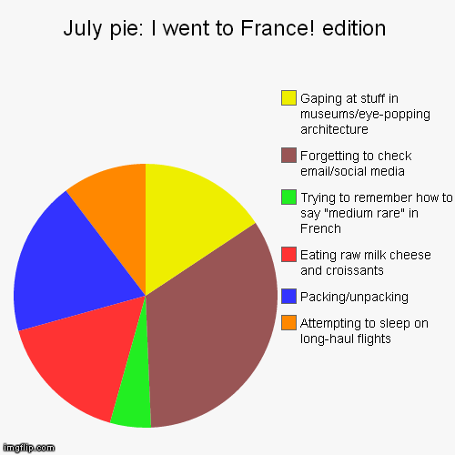 July pie: I went to France! edition | Attempting to sleep on long-haul flights, Packing/unpacking, Eating raw milk cheese and croissants, Tr | image tagged in funny,pie charts | made w/ Imgflip chart maker