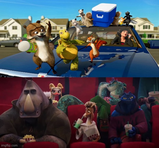 Will and The Vineland Thorns watching Over The Hedge (2006) | image tagged in will and the vineland thorns watched what,over the hedge,dreamworks,goat movie,crossover,memes | made w/ Imgflip meme maker