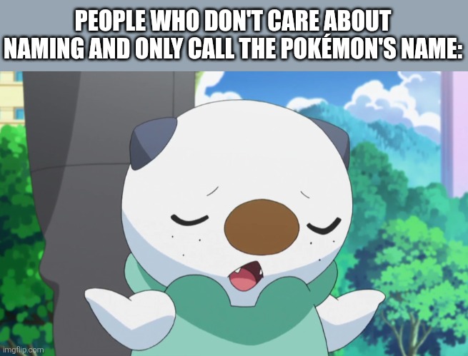 Oshawott shrug | PEOPLE WHO DON'T CARE ABOUT NAMING AND ONLY CALL THE POKÉMON'S NAME: | image tagged in oshawott shrug | made w/ Imgflip meme maker