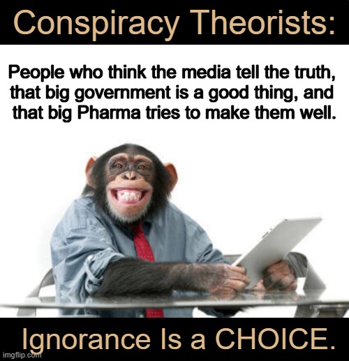 In Reality... | Conspiracy Theorists:; People who think the media tell the truth, 
that big government is a good thing, and 
that big Pharma tries to make them well. Ignorance Is a CHOICE. | image tagged in conspiracy theory,reality,big government,media lies,big pharma,the truth | made w/ Imgflip meme maker