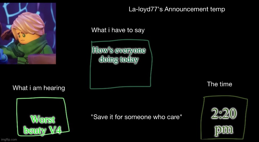 La-loyd's anoucent temp | How's everyone doing today; 2:20 pm; Worst beuty V4 | image tagged in la-loyd's anoucent temp | made w/ Imgflip meme maker