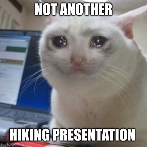 Not another hiking presentation | NOT ANOTHER; HIKING PRESENTATION | image tagged in crying cat | made w/ Imgflip meme maker