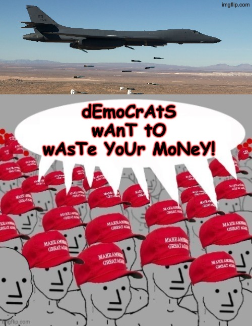dEmoCrAtS wAnT tO wAsTe YoUr MoNeY! | image tagged in b-1 lancer bomber - carpet bombing hd widescreen,maga npc redhats | made w/ Imgflip meme maker