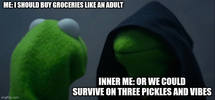 Evil Kermit Meme | ME: I SHOULD BUY GROCERIES LIKE AN ADULT; INNER ME: OR WE COULD SURVIVE ON THREE PICKLES AND VIBES | image tagged in memes,evil kermit | made w/ Imgflip meme maker