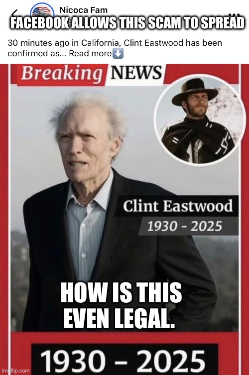 This is an example of why Facebook should be sued | FACEBOOK ALLOWS THIS SCAM TO SPREAD; HOW IS THIS EVEN LEGAL. | image tagged in section230,donald trump approves,facebook,scammers | made w/ Imgflip meme maker