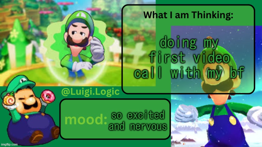 Luigi.Logic Temp | doing my first video call with my bf; so excited and nervous | image tagged in luigi logic temp | made w/ Imgflip meme maker