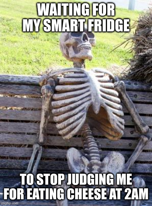 Waiting Skeleton Meme | WAITING FOR MY SMART FRIDGE; TO STOP JUDGING ME FOR EATING CHEESE AT 2AM | image tagged in memes,waiting skeleton | made w/ Imgflip meme maker