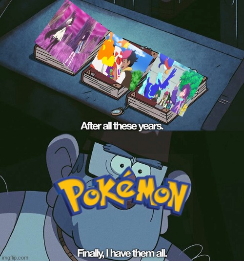Main characters with their fully evolved starters | image tagged in finally i have them all,memes,funny,pokemon,anime | made w/ Imgflip meme maker