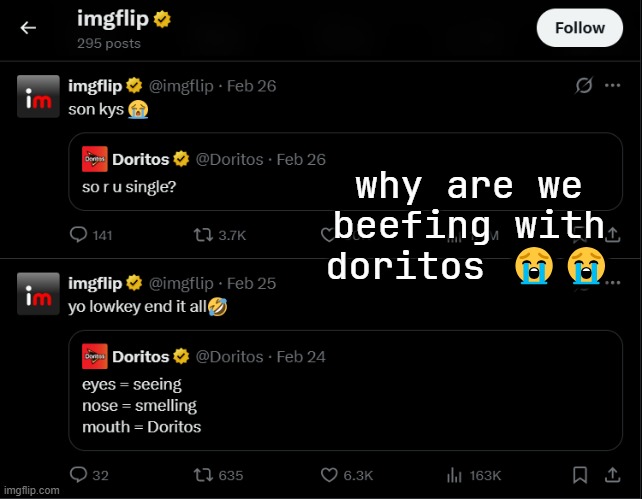 why are we beefing with doritos 😭😭 | made w/ Imgflip meme maker