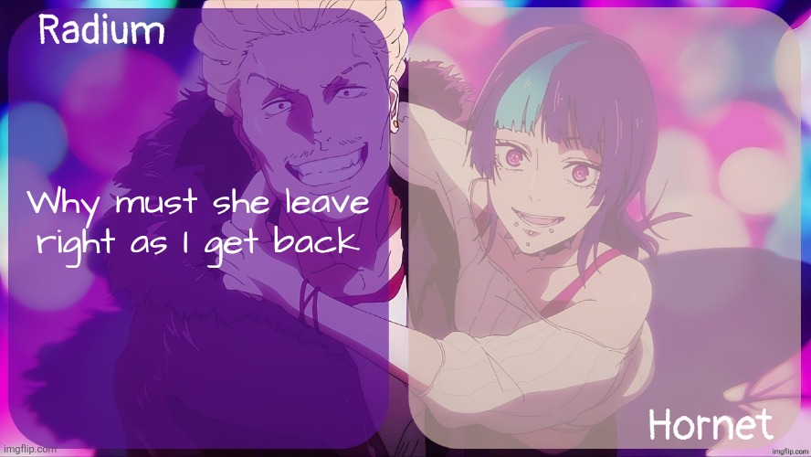 Radium n Hornet announcement template | Why must she leave right as I get back | image tagged in radium n hornet announcement template | made w/ Imgflip meme maker