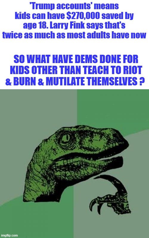 Philosoraptor ,Real help for kids | 'Trump accounts' means kids can have $270,000 saved by age 18. Larry Fink says that's twice as much as most adults have now; SO WHAT HAVE DEMS DONE FOR KIDS OTHER THAN TEACH TO RIOT & BURN & MUTILATE THEMSELVES ? | image tagged in memes,philosoraptor | made w/ Imgflip meme maker