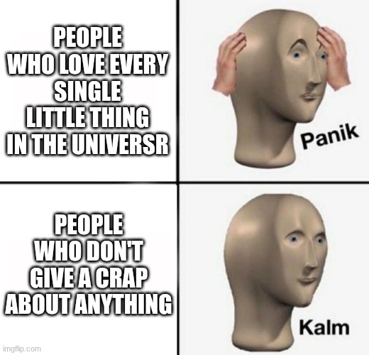 PEOPLE WHO LOVE EVERY SINGLE LITTLE THING IN THE UNIVERSR PEOPLE WHO DON'T GIVE A CRAP ABOUT ANYTHING | image tagged in panik kalm | made w/ Imgflip meme maker