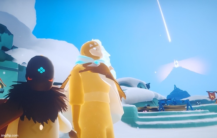 Old picture of me playing sky cotl last year. I'm holding hands with my favorite spirit in the game (cackling cannoneer) | made w/ Imgflip meme maker