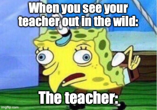 Mocking Spongebob Meme | When you see your teacher out in the wild:; The teacher: | image tagged in memes,mocking spongebob | made w/ Imgflip meme maker