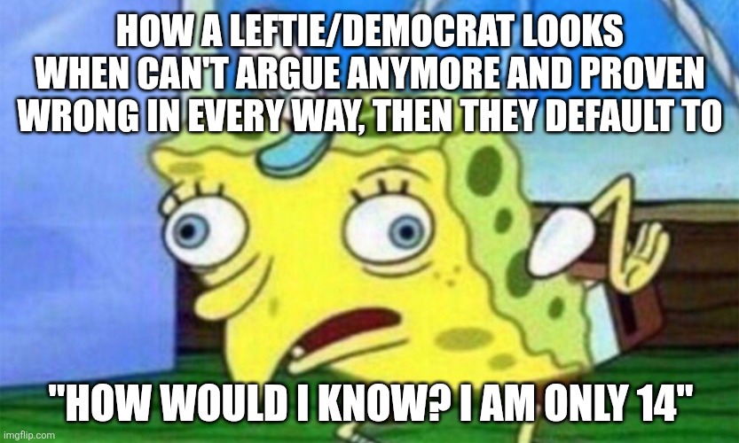 Man lots of stupid 14yr Olds in here... | HOW A LEFTIE/DEMOCRAT LOOKS WHEN CAN'T ARGUE ANYMORE AND PROVEN WRONG IN EVERY WAY, THEN THEY DEFAULT TO; "HOW WOULD I KNOW? I AM ONLY 14" | image tagged in spongebob stupid | made w/ Imgflip meme maker