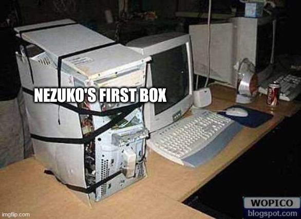 he bought it from a farmer, it was in the 2ed episode and was never seen again | NEZUKO'S FIRST BOX | image tagged in broken pc,demon slayer | made w/ Imgflip meme maker