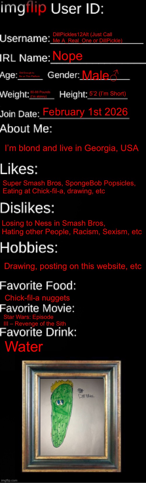My User ID | DillPickles12Alt (Just Call Me A_Real_One or DillPickle); Nope; Old Enough to Be on This Platform; Male♂; 5’2 (I’m Short); 80-88 Pounds (I’m skinny); February 1st 2026; I’m blond and live in Georgia, USA; Super Smash Bros, SpongeBob Popsicles, Eating at Chick-fil-a, drawing, etc; Losing to Ness in Smash Bros, Hating other People, Racism, Sexism, etc; Drawing, posting on this website, etc; Chick-fil-a nuggets; Star Wars: Episode III – Revenge of the Sith; Water | image tagged in imgflip id card,a_real_one,dill pickle,ness | made w/ Imgflip meme maker