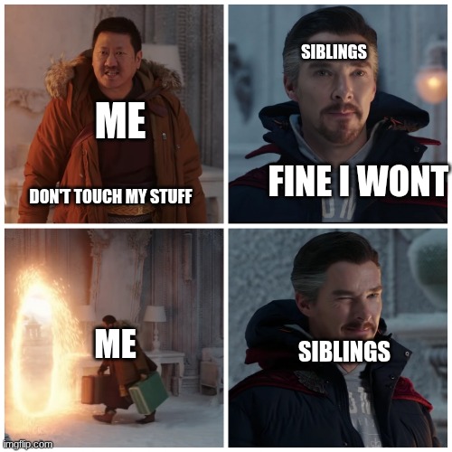 My siblings are annoying | SIBLINGS; ME; FINE I WONT; DON'T TOUCH MY STUFF; ME; SIBLINGS | image tagged in fine i won't,siblings | made w/ Imgflip meme maker