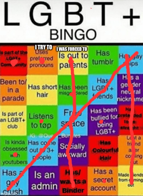 LGBTQ bingo | I TRY TO; I WAS FORCED TO | image tagged in lgbtq bingo | made w/ Imgflip meme maker