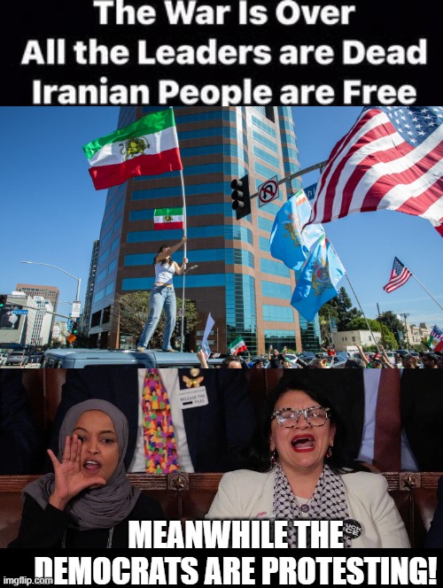 Pro Ayatollah Democrats protest his death! | MEANWHILE THE DEMOCRATS ARE PROTESTING! | image tagged in sam elliott special kind of stupid | made w/ Imgflip meme maker