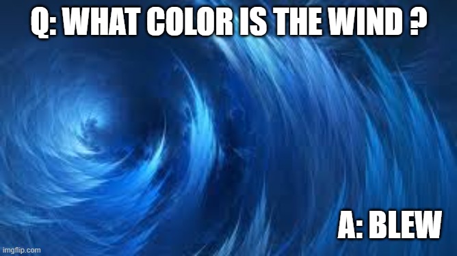 What color is the wind? | Q: WHAT COLOR IS THE WIND ? A: BLEW | image tagged in funny,humor,riddle,blue,wind | made w/ Imgflip meme maker