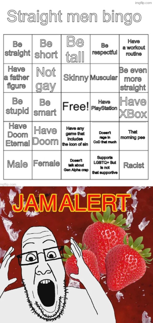 half of these have nothing to do with being straight | image tagged in straight men bingo,jam alert | made w/ Imgflip meme maker