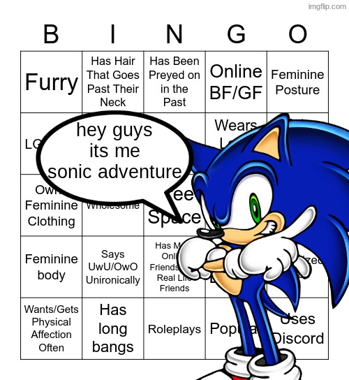 Femboy Bingo | hey guys its me sonic adventure | image tagged in femboy bingo | made w/ Imgflip meme maker