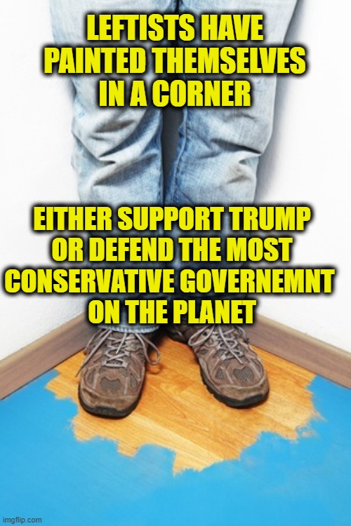Checkmate | LEFTISTS HAVE
PAINTED THEMSELVES
IN A CORNER; EITHER SUPPORT TRUMP
OR DEFEND THE MOST
CONSERVATIVE GOVERNEMNT 
ON THE PLANET | image tagged in leftists | made w/ Imgflip meme maker
