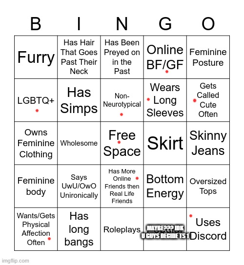 Femboy Bingo | MAYBE??? IDK U GUYS DECIDE TS 1 | image tagged in femboy bingo | made w/ Imgflip meme maker