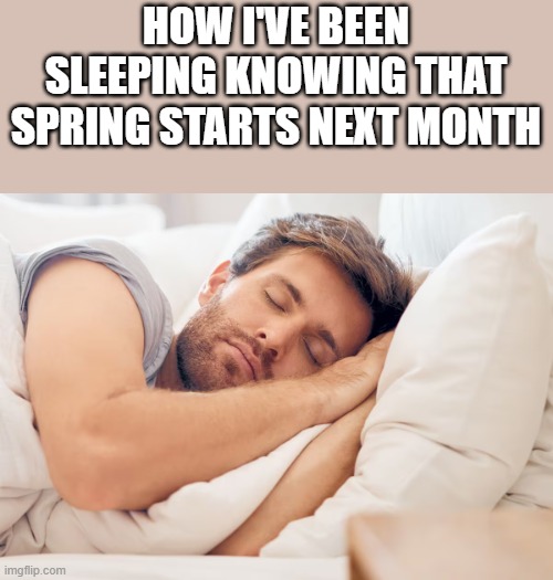 Spring Starts Next Month | HOW I'VE BEEN SLEEPING KNOWING THAT SPRING STARTS NEXT MONTH | image tagged in spring,sleeping,how i've been sleeping,bed,funny,memes | made w/ Imgflip meme maker