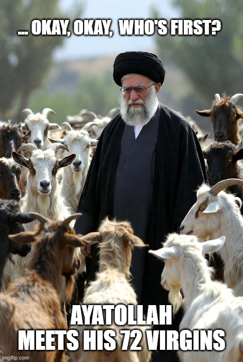 ayatollah meets virgins | ... OKAY, OKAY,  WHO'S FIRST? AYATOLLAH MEETS HIS 72 VIRGINS | image tagged in ayatollah meets virgins | made w/ Imgflip meme maker