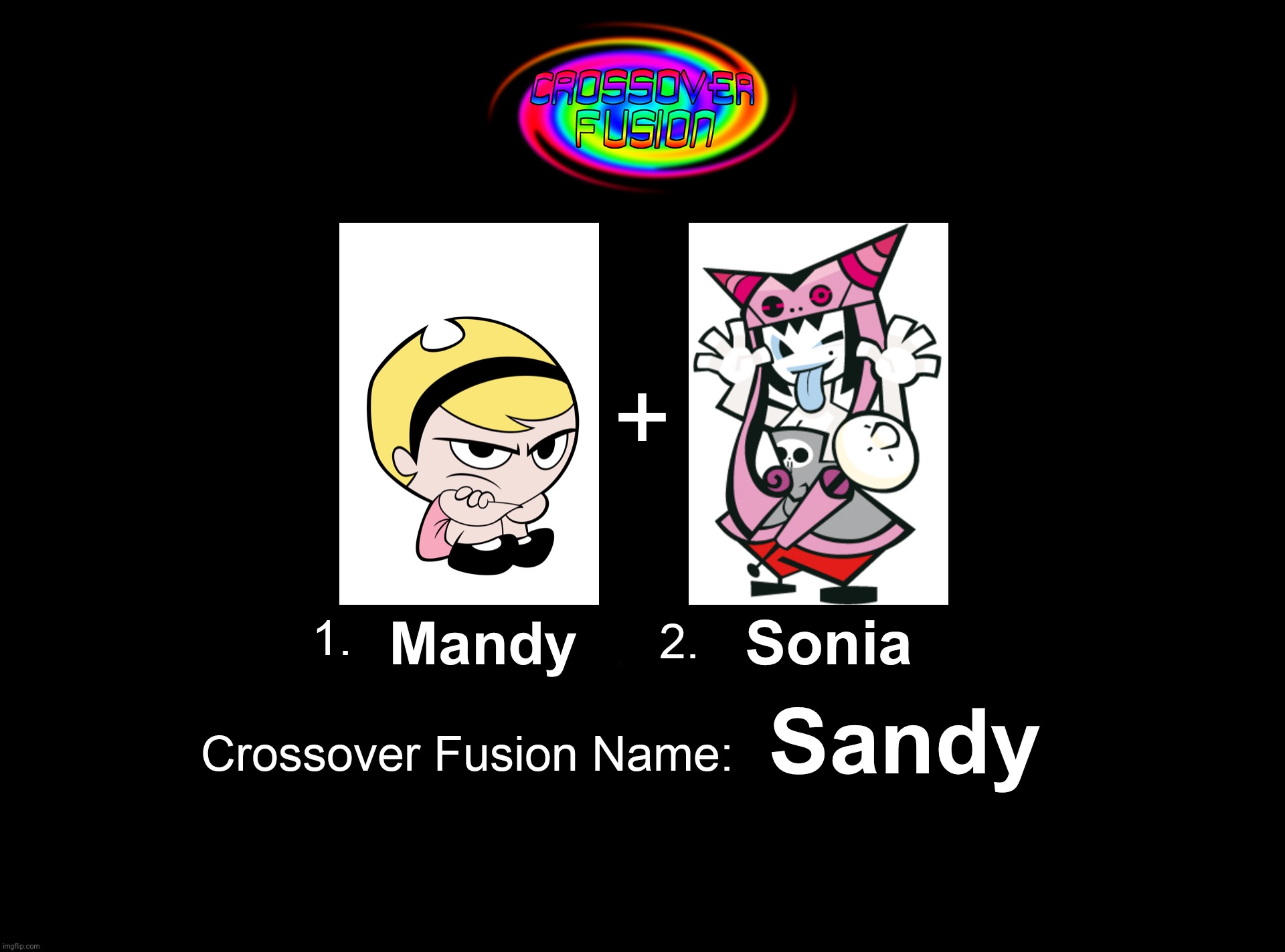 Crossover Fusion - Mandy and Sonia | Sonia; Mandy; Sandy | image tagged in crossover fusion - 2 characters template,mystique sonia,hero 108,the grim adventures of billy and mandy,cartoon network,gothic | made w/ Imgflip meme maker