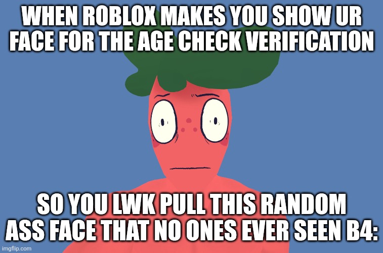.... | WHEN ROBLOX MAKES YOU SHOW UR FACE FOR THE AGE CHECK VERIFICATION; SO YOU LWK PULL THIS RANDOM ASS FACE THAT NO ONES EVER SEEN B4: | made w/ Imgflip meme maker