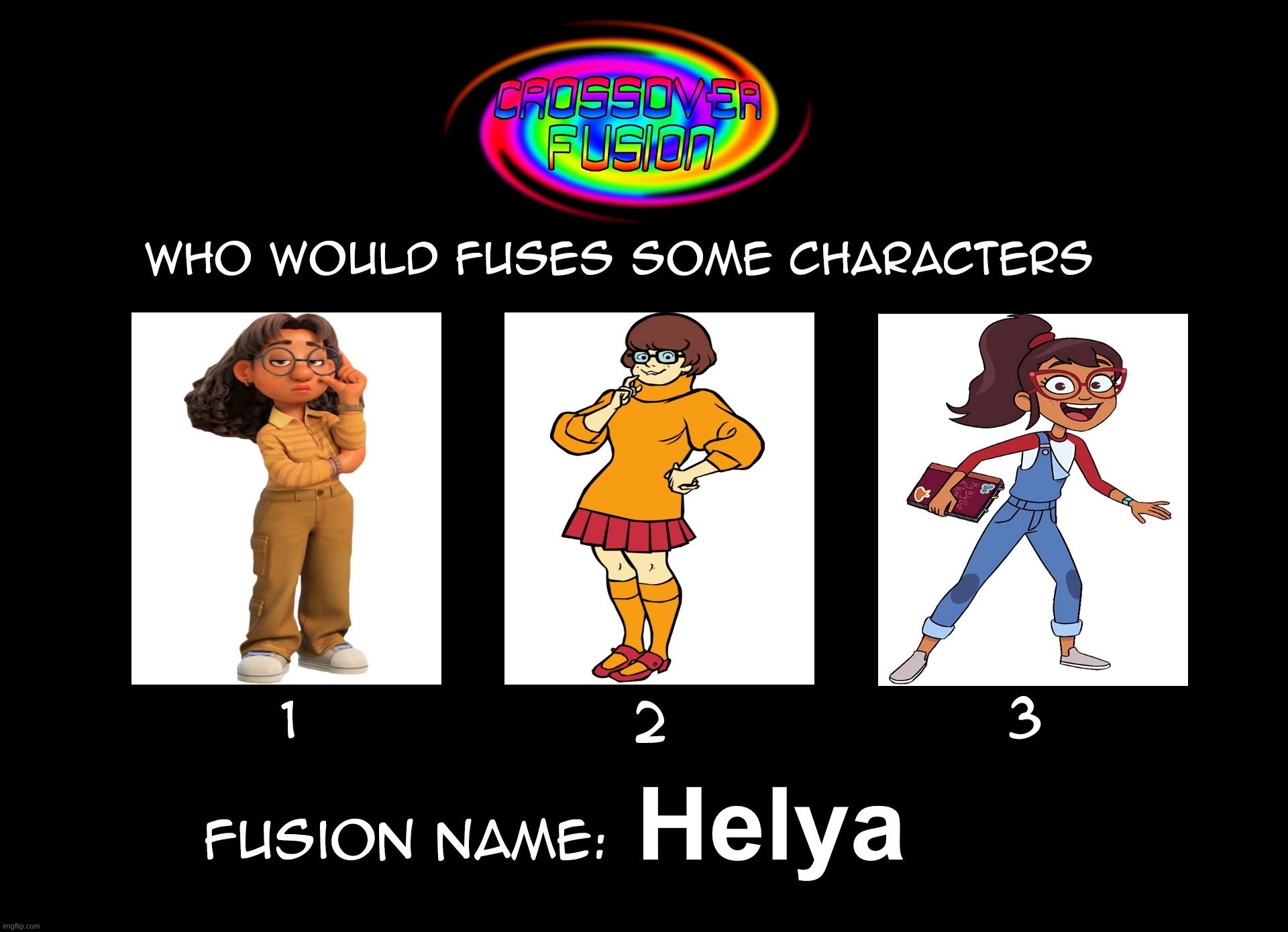 Crossover Fusion - Priya Velma and Hailey | Helya | image tagged in crossover fusion - blank meme,haileys on it,scooby doo,turning red,glasses,smart | made w/ Imgflip meme maker