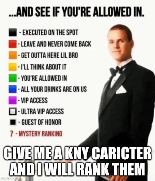 lets see how this gose | GIVE ME A KNY CARICTER AND I WILL RANK THEM | image tagged in and see if you're allowed in,demon slayer | made w/ Imgflip meme maker