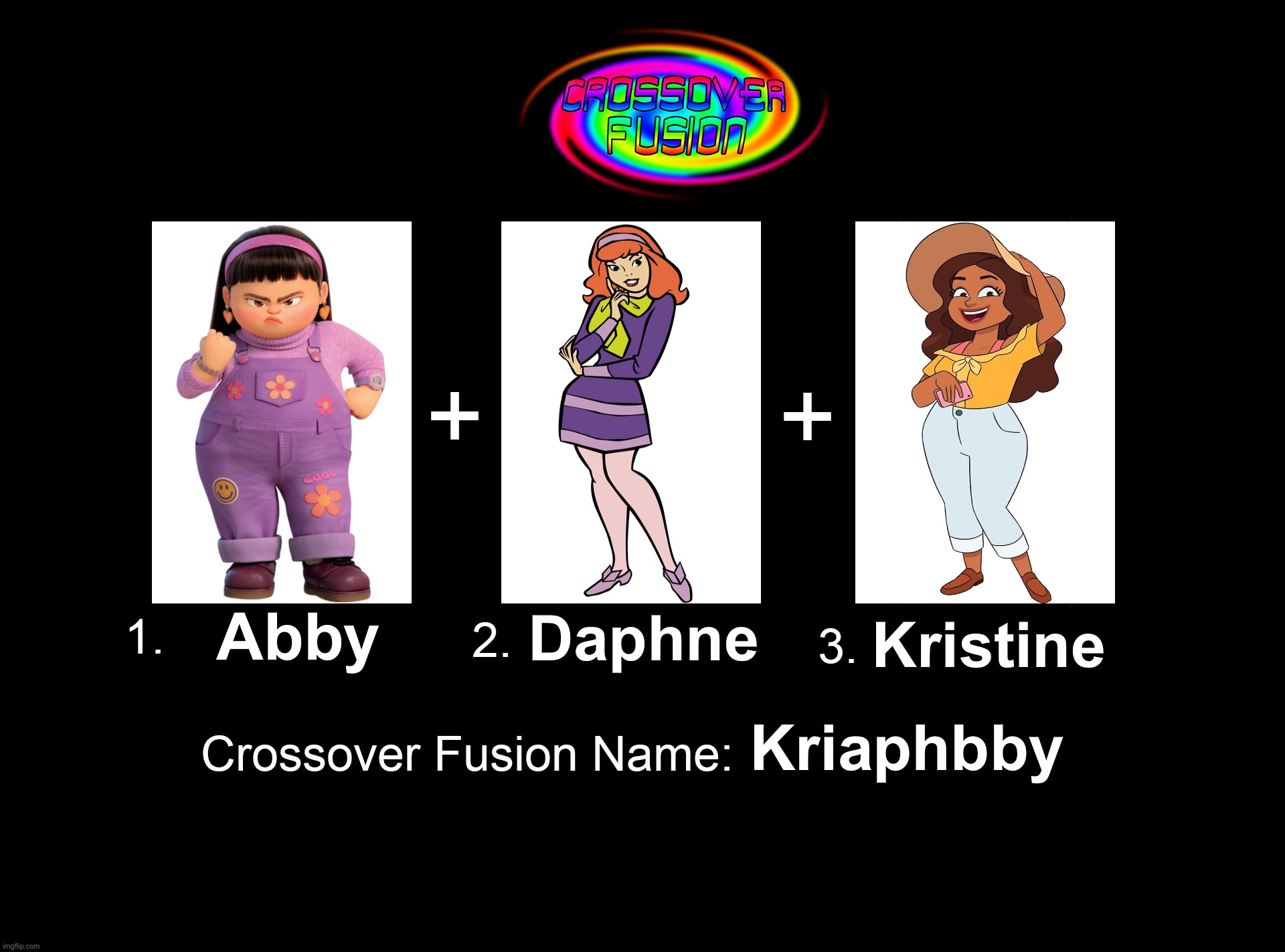 Crossover Fusion - Abby Daphne and Kristine | Kristine; Abby; Daphne; Kriaphbby | image tagged in crossover fusion - 3 characters template,haileys on it,turning red,scooby doo,girly girl,fashion | made w/ Imgflip meme maker