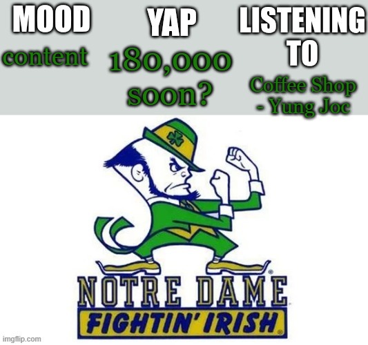 Notre_Dame_fan102's Second Announcement Temp | 180,000 soon? content; Coffee Shop - Yung Joc | image tagged in notre_dame_fan102's second announcement temp | made w/ Imgflip meme maker