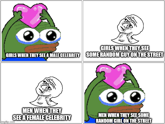 Blank Comic Panel 2x2 Meme | GIRLS WHEN THEY SEE SOME RANDOM GUY ON THE STREET; GIRLS WHEN THEY SEE A MALE CELEBRITY; MEN WHEN THEY SEE A FEMALE CELEBRITY; MEN WHEN THEY SEE SOME RANDOM GIRL ON THE STREET | image tagged in memes,blank comic panel 2x2 | made w/ Imgflip meme maker