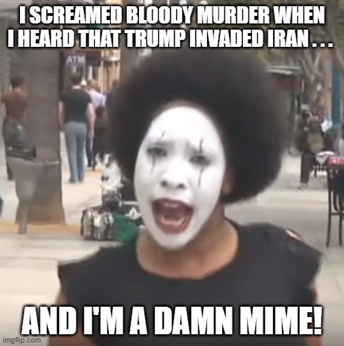Crazy Mime Lady Trump & Iran | I SCREAMED BLOODY MURDER WHEN I HEARD THAT TRUMP INVADED IRAN . . . AND I'M A DAMN MIME! | image tagged in crazy mime lady,iran invasion,i hate donald trump,trump sucks | made w/ Imgflip meme maker