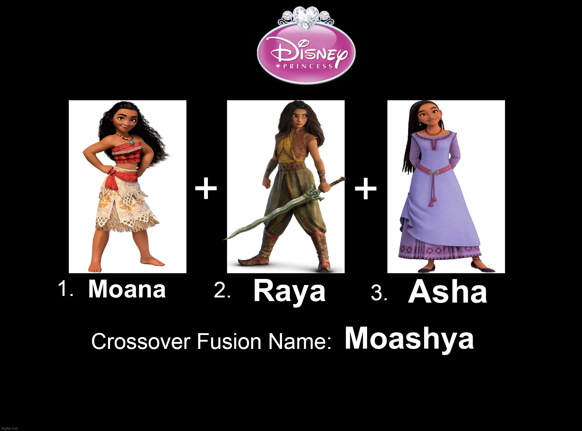 Disney Fusion - Moana Raya and Asha | Asha; Raya; Moana; Moashya | image tagged in crossover fusion - 3 characters template,wish,raya and the last dragon,moana,disney princess,disney princesses | made w/ Imgflip meme maker