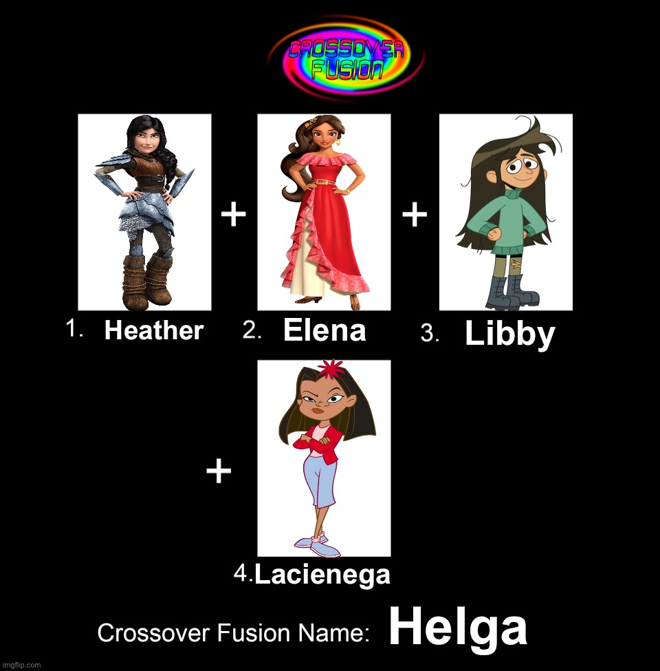 Crossover Fusion - Heather Elena Libby and Lacienega | Libby; Elena; Heather; Lacienega; Helga | image tagged in crossover fusion - 4 characters template,the proud family,the ghost and molly mcgee,elena of avalor,how to train your dragon | made w/ Imgflip meme maker
