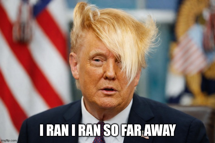 flock | I RAN I RAN SO FAR AWAY | image tagged in donald trump | made w/ Imgflip meme maker